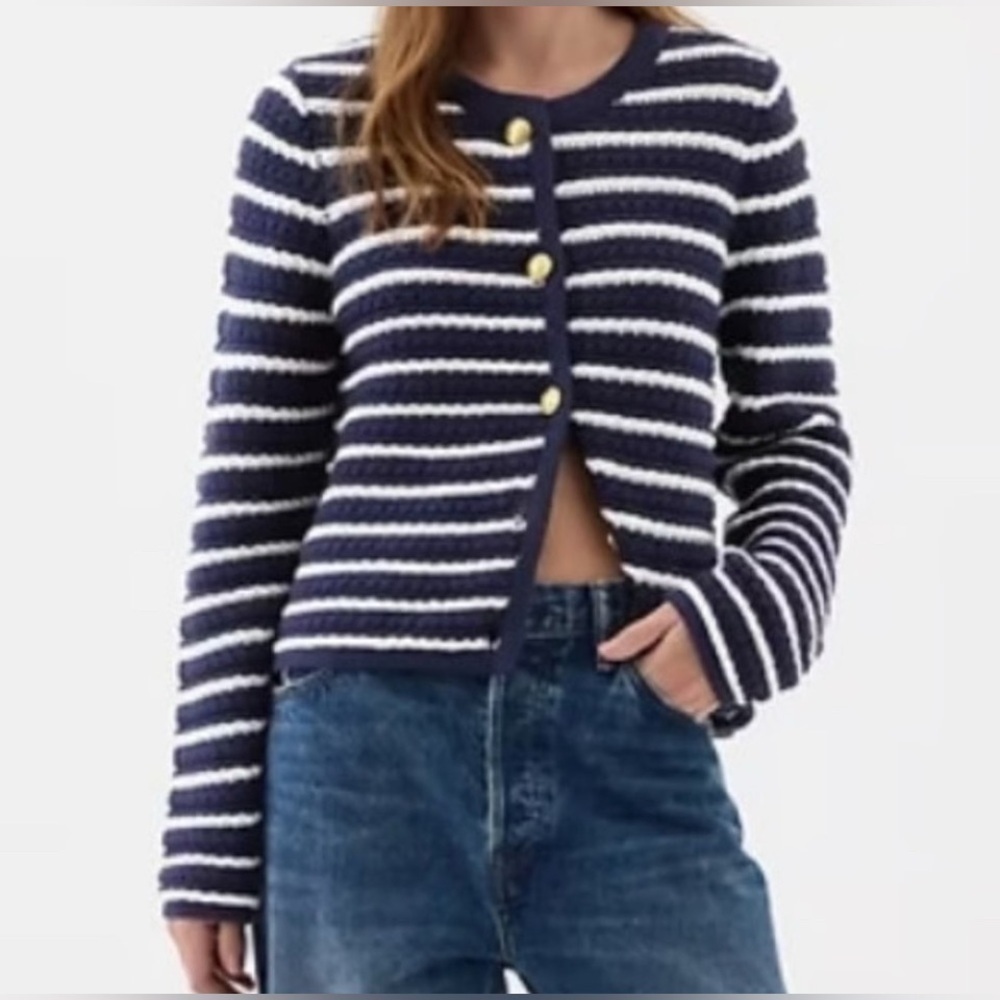 Gap Chunky Cardigan Sweater Navy White Striped Gold Buttons Fisherman Size XL
